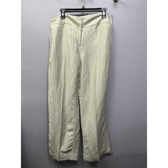 Emma James Pants Womens 14 Green Stripes‎ Linen Blend Mid Rise Straight Leg NEW - Picture 1 of 8